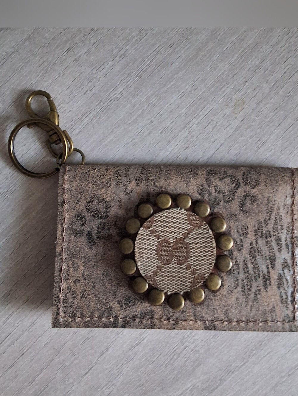 Trendy Upcycled Leather Keychain/Card Holder with Embossed Leather Emblem - NWT